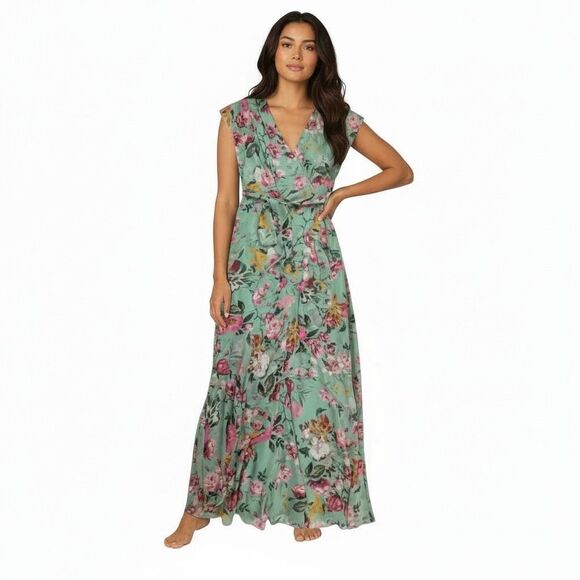 Eliza J Dresses & Skirts - NEW Eliza J Maxi Faux Wrap Floral Dress Women 6 Chiffon Rollover Cap Sleeve
